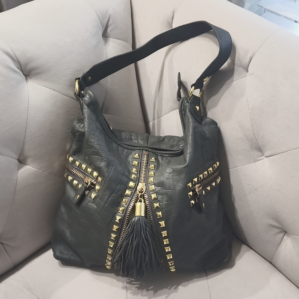 Betsey Johnson Leather Studded Tassel Hobo Shoulder Bag Gray